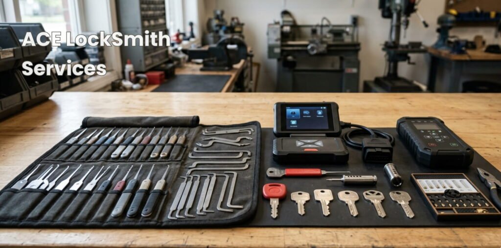 Flatbed tow truck with a car, automotive locksmith programming a key, and a locksmith toolset.